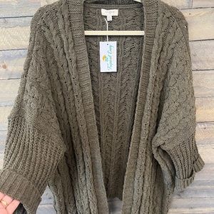 3/4 Folded Sleeve Open Front Cable Knit Sweater Cardigan